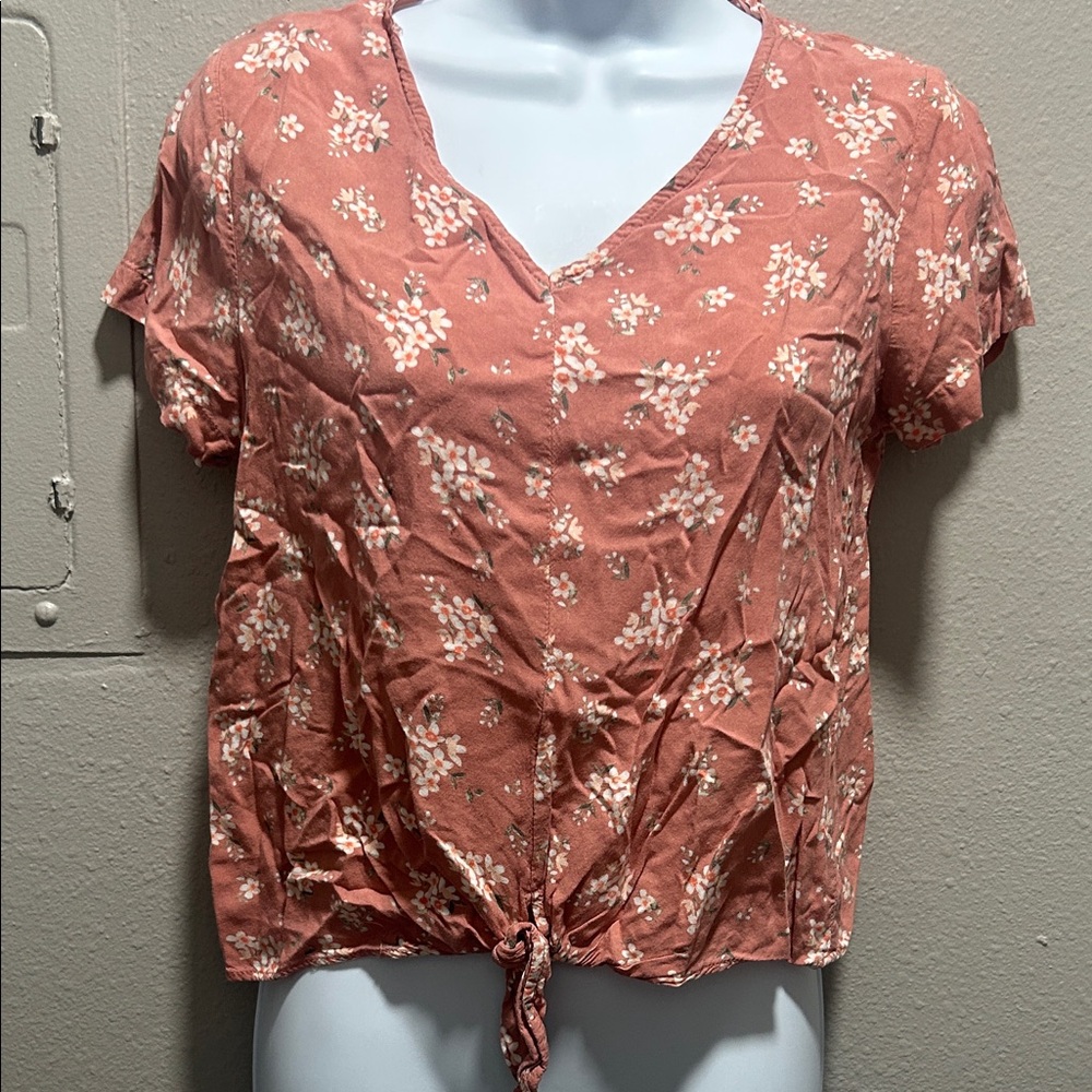 Pink Rose Coral Floral Tie-Front Blouse